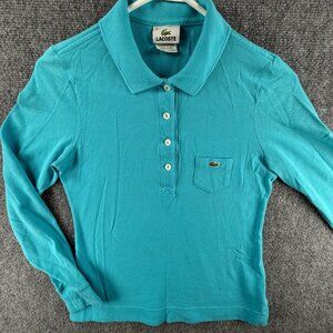 Lacoste Polo Shirt Women Long Sleeve Croc Logo Cotton Light Blue Size 38 Preppy